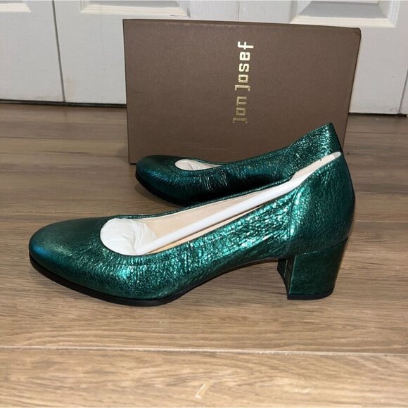 NWT Anthropologie Jon Josef Damas  Green Vulcano Metalllic  Leather Heels Size 6 - Picture 1 of 8